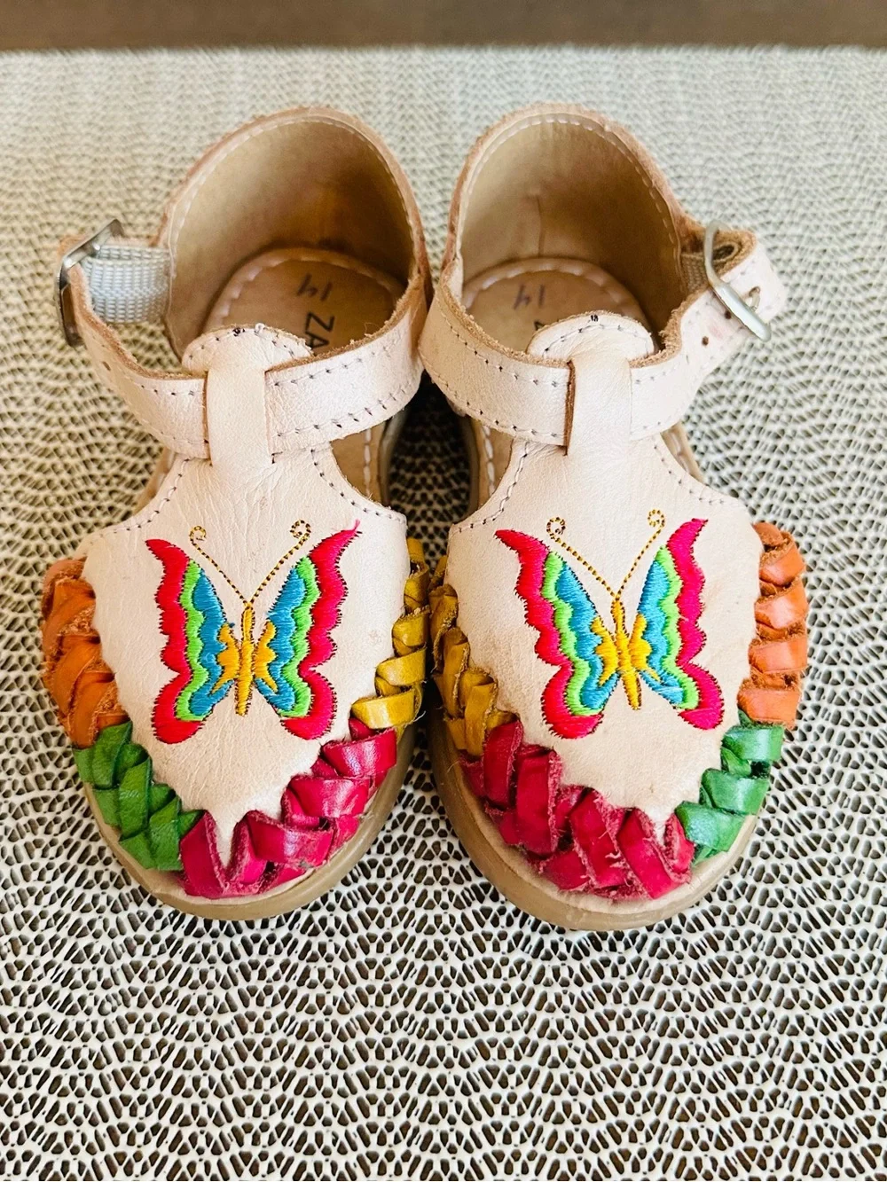 Girls Multicolor Butterfly Leather Mexican Sandals - Beige Size 7